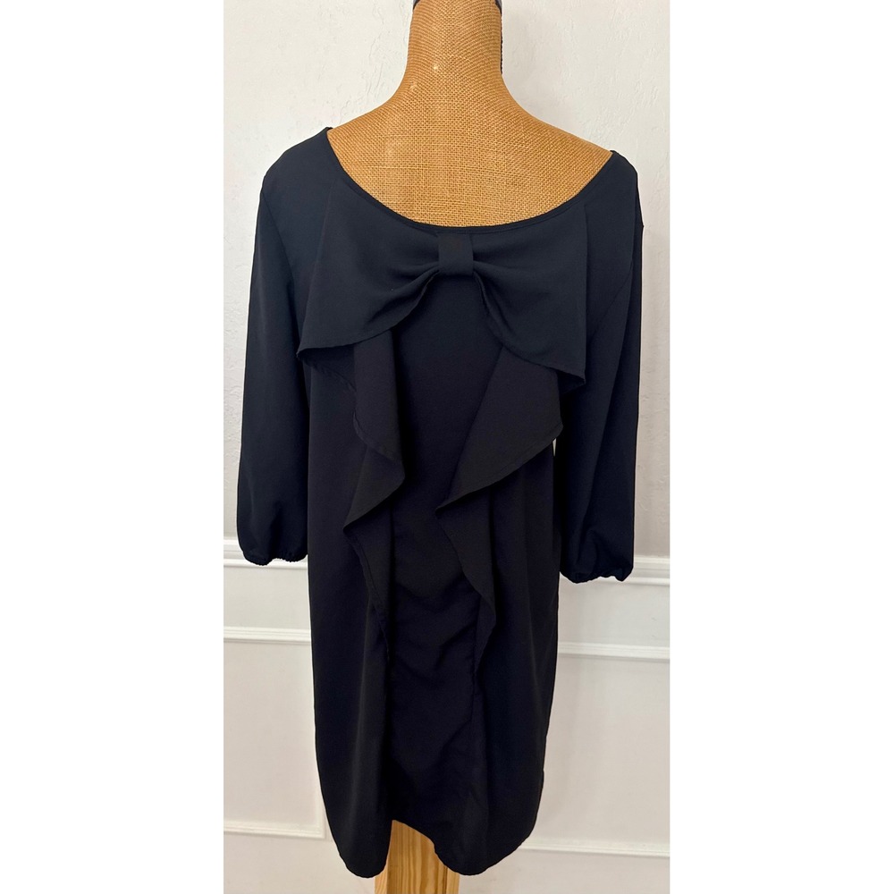 Cato Black Shift Dress Large 3/4 Sleeve Bow Back Ruffle Detail Scoop Neck Mini